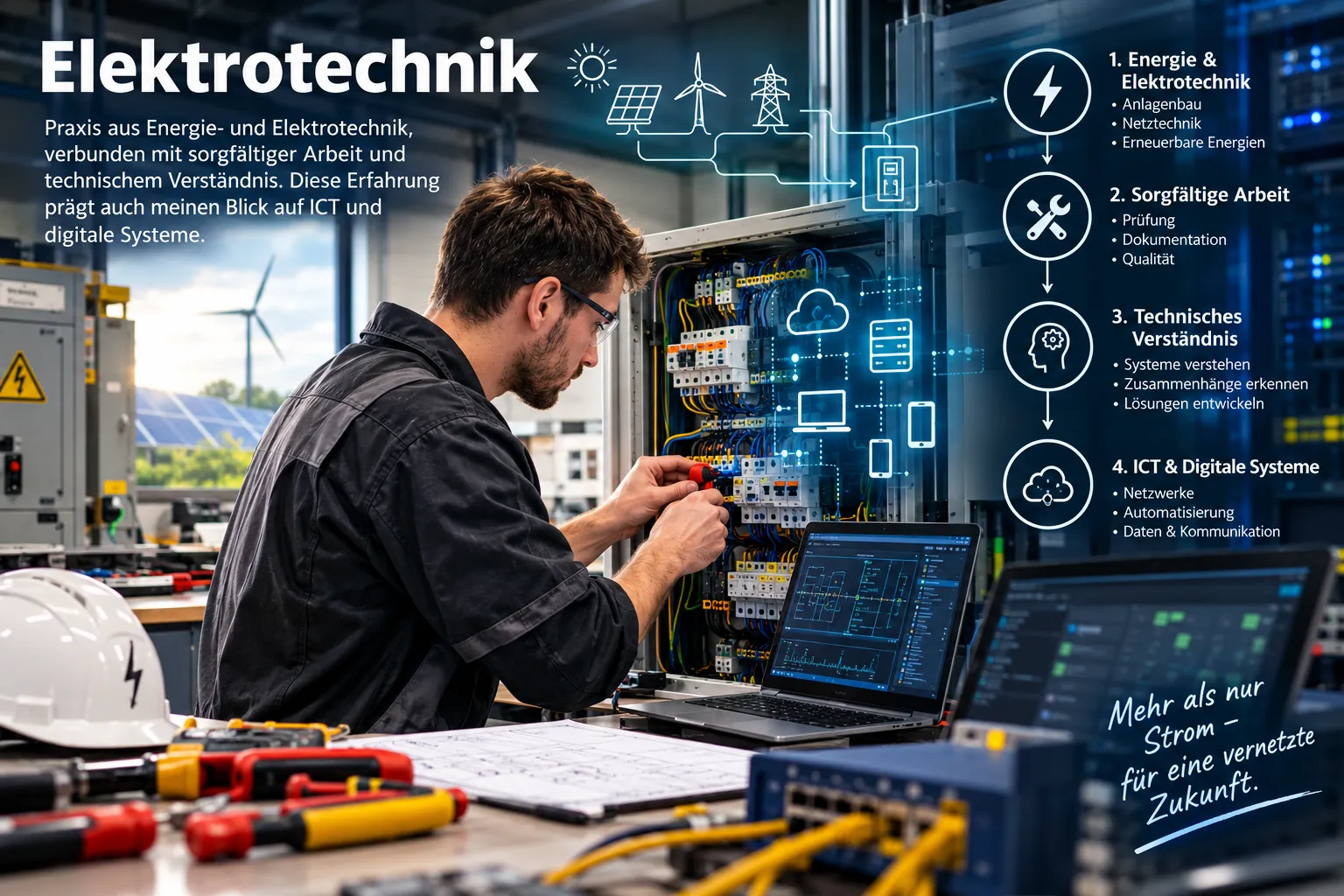 Elektrotechnik am Schaltschrank: ein Techniker arbeitet an einem Verteiler mit Messgerät, während im Hintergrund Windkraft und Photovoltaik mit vernetzten Systemen zusammenlaufen