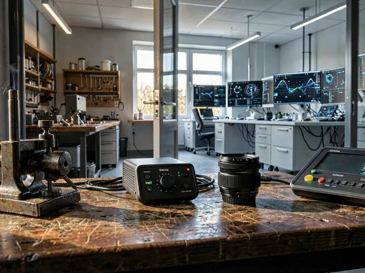 Werkbank mit Technik, Kameras und Messgeräten
