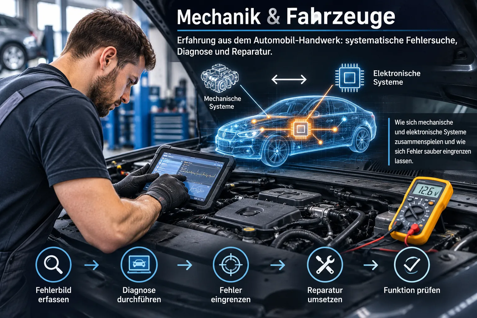 Fahrzeugdiagnose am Motor: ein Diagnosegerät erfasst die elektrischen Werte, ein Hologramm zeigt, wie mechanische und elektronische Systeme zusammenspielen