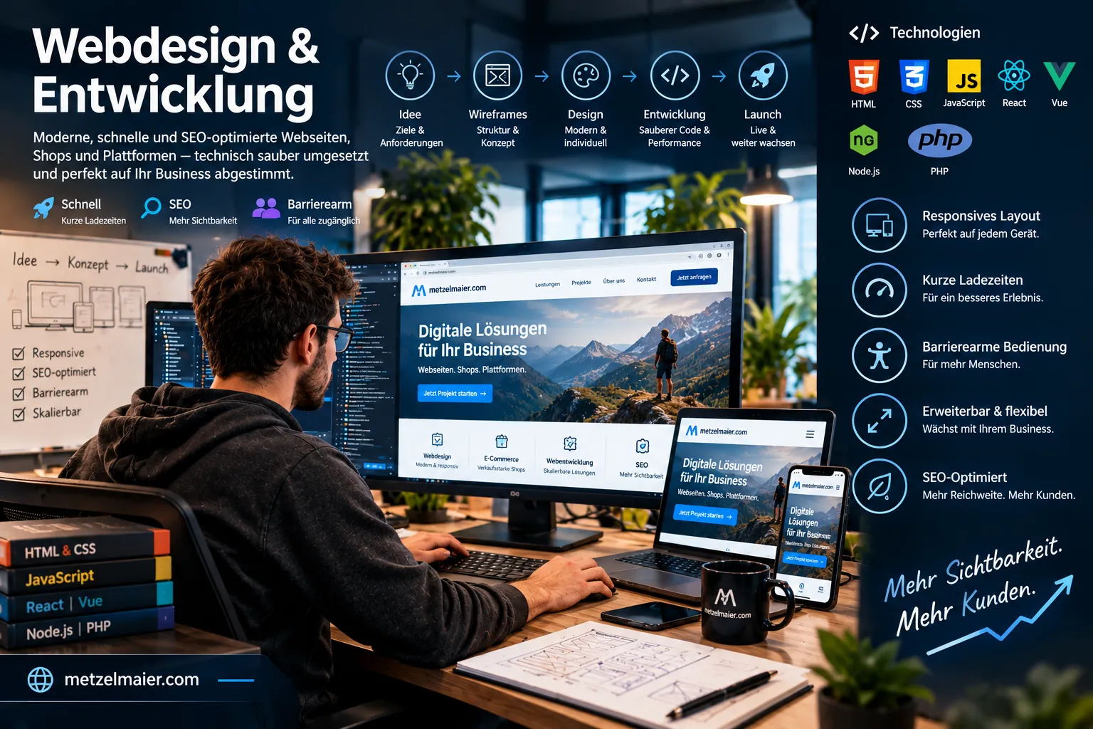 Webdesign am Arbeitsplatz: ein Entwickler setzt die Website mzettelmaier.com auf Monitor, Tablet und Smartphone um, daneben der Ablauf von der Idee bis zum Launch und die eingesetzten Technologien